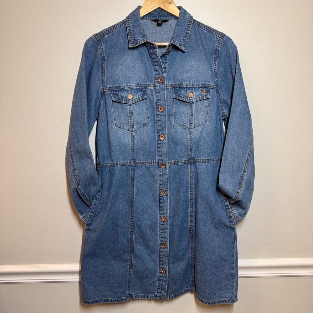Frye Denim Shirt Dress Medium Blue Button Front Long Sleeve Utility Western